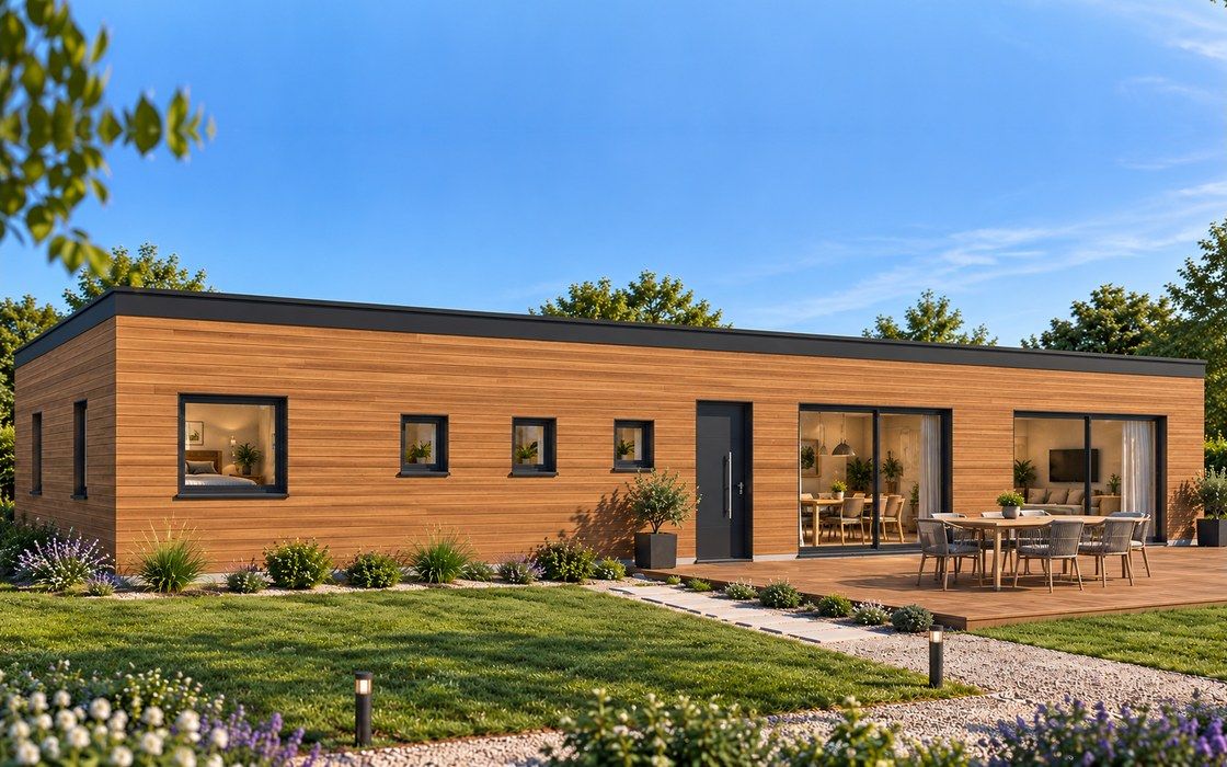 Maison en kit en ossature acier avec bardage bois et grandes baies vitrées