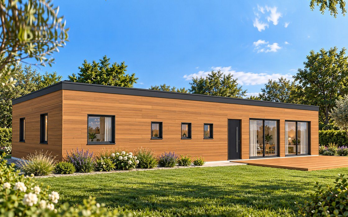 Maison en kit en ossature acier, bardage bois